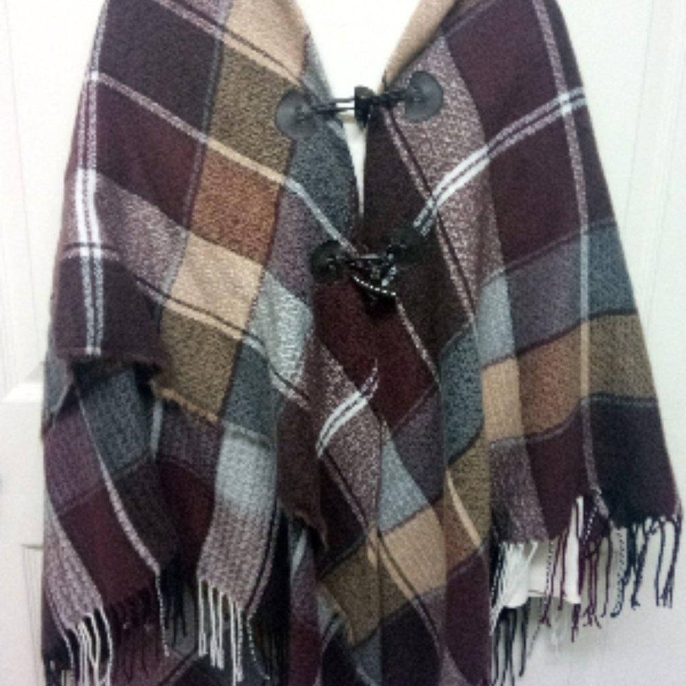 Fall Plaid Poncho with Fringe and Bear Claw Buttons. OS